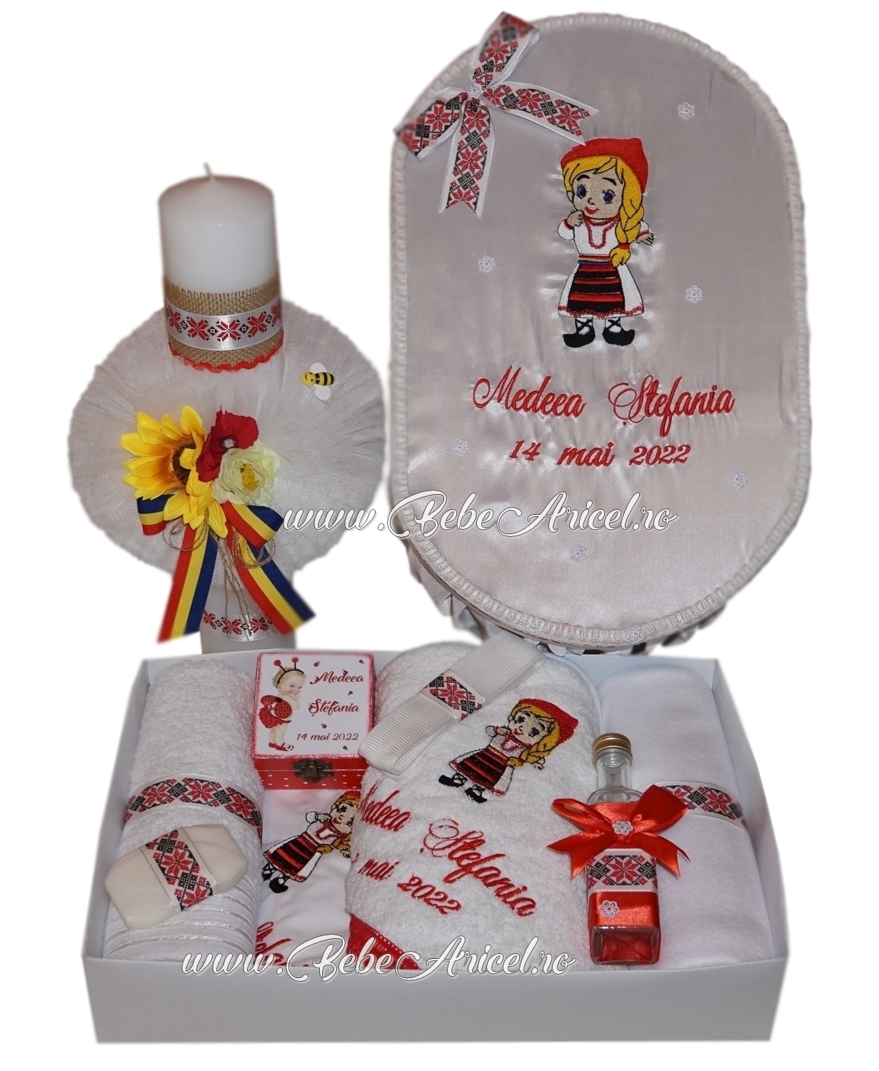 Set trusou botez 8 piese, cutiuta prima suvita,cutie pentru trusou si lumanare