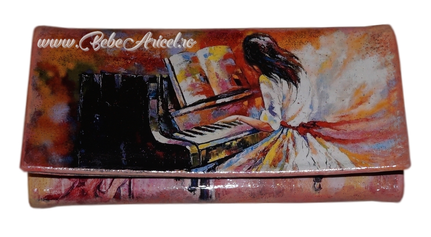 Portofel pictat si decorat prin tehnica decoupage Piano Girl