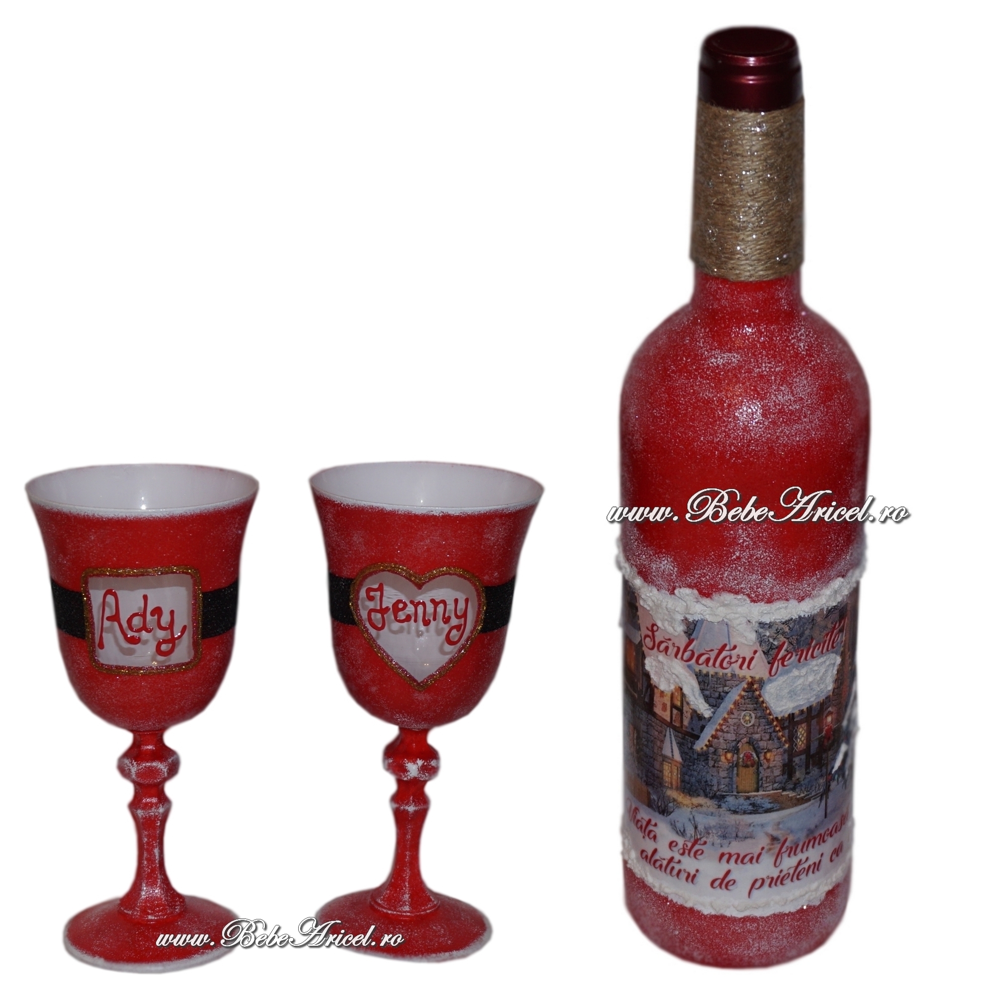 Set personalizat sticla cu vin si 2 pahare decorate CHRISTMAS