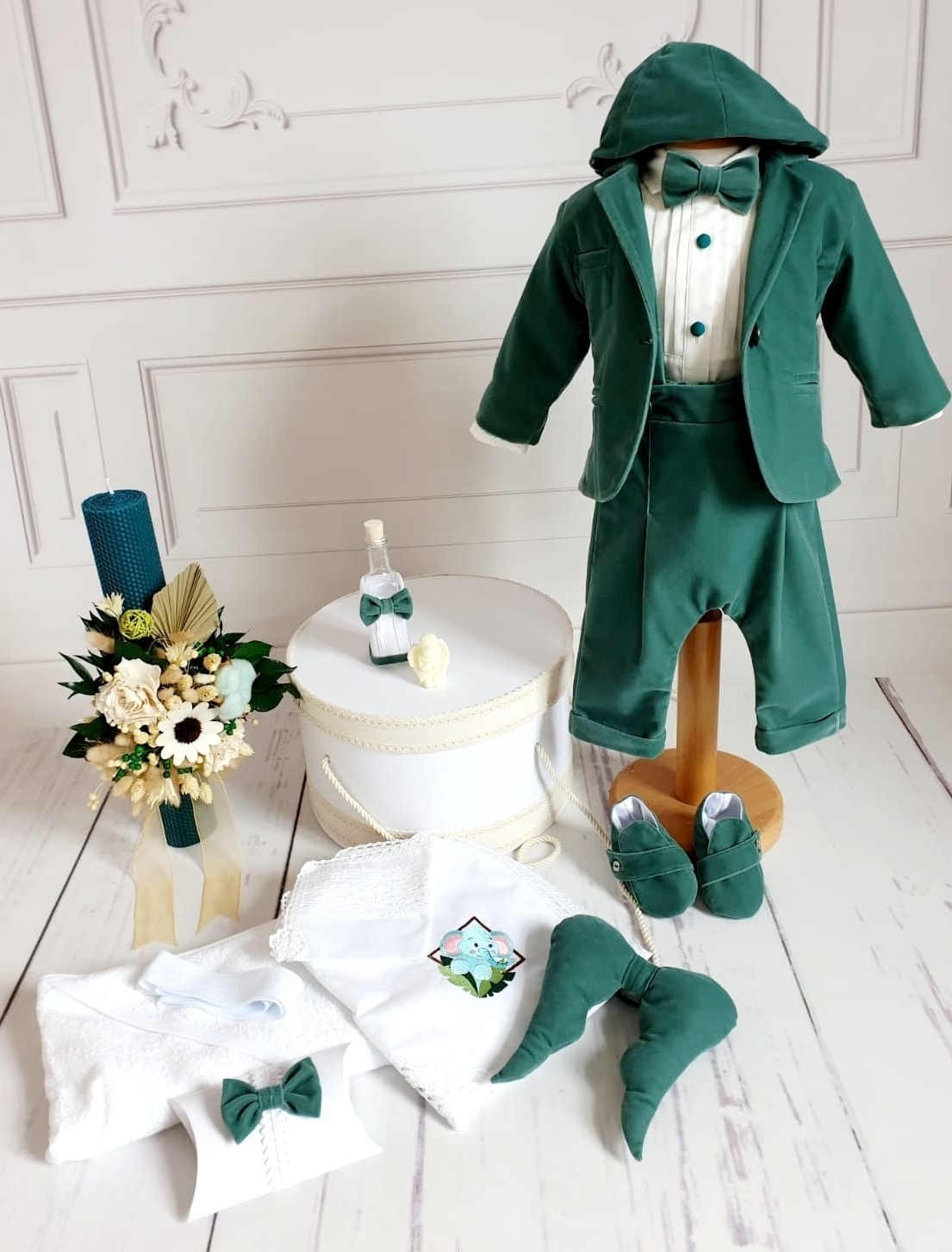 Costum de lux pentru baieti pentru botez, mot, ocazii, sedinte foto ANGEL verde 