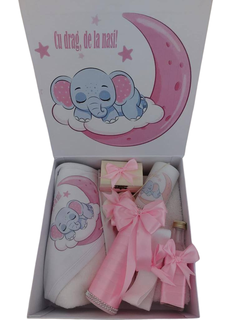 Pachet 9 piese: trusou pentru botez, cutie pentru trusou si lumanare pentru botez - ELEFANTEL