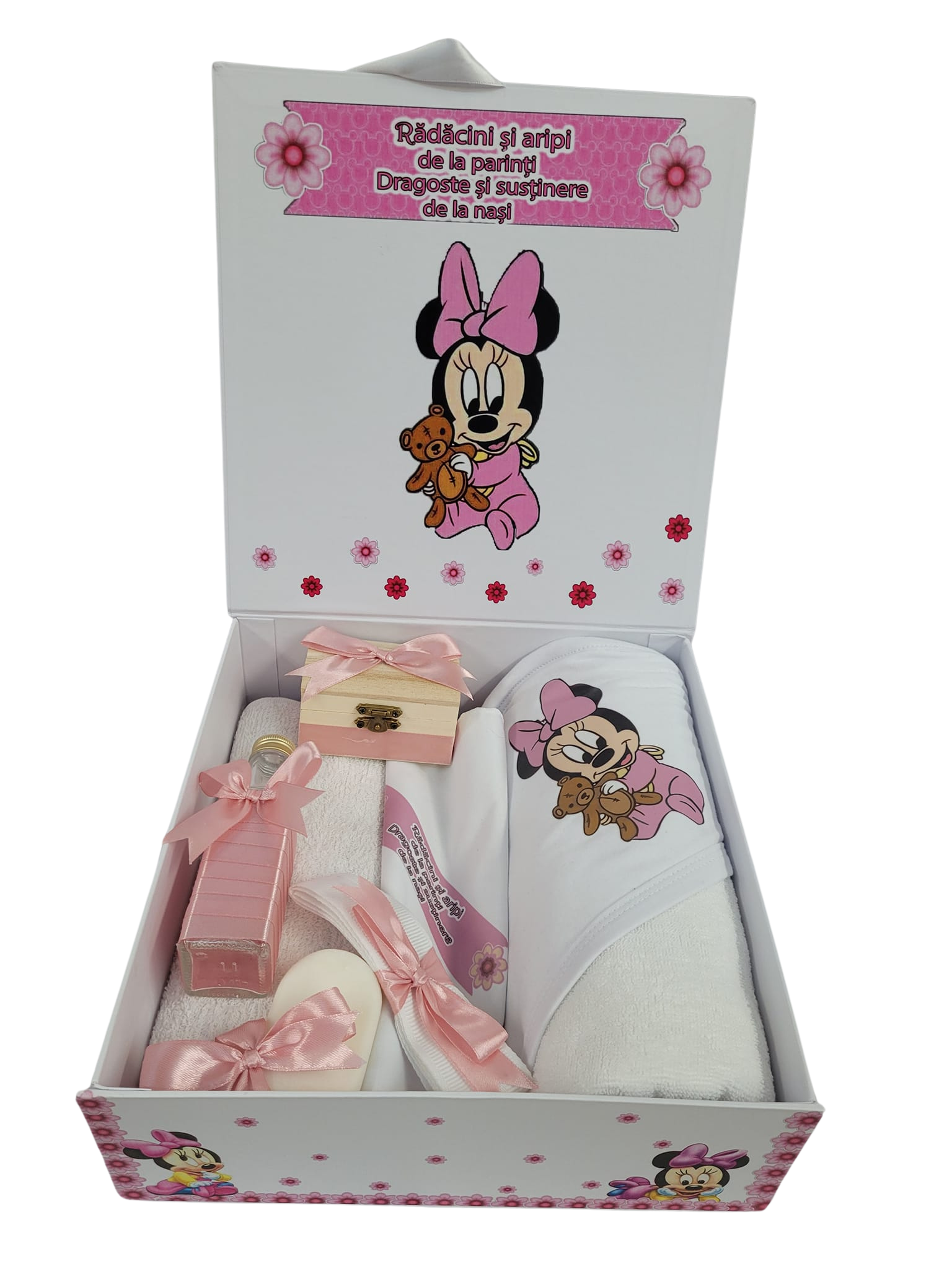 Pachet 8 piese: trusou pentru botez 7 piese si cutie pentru trusou - BABY MINNIE MOUSE