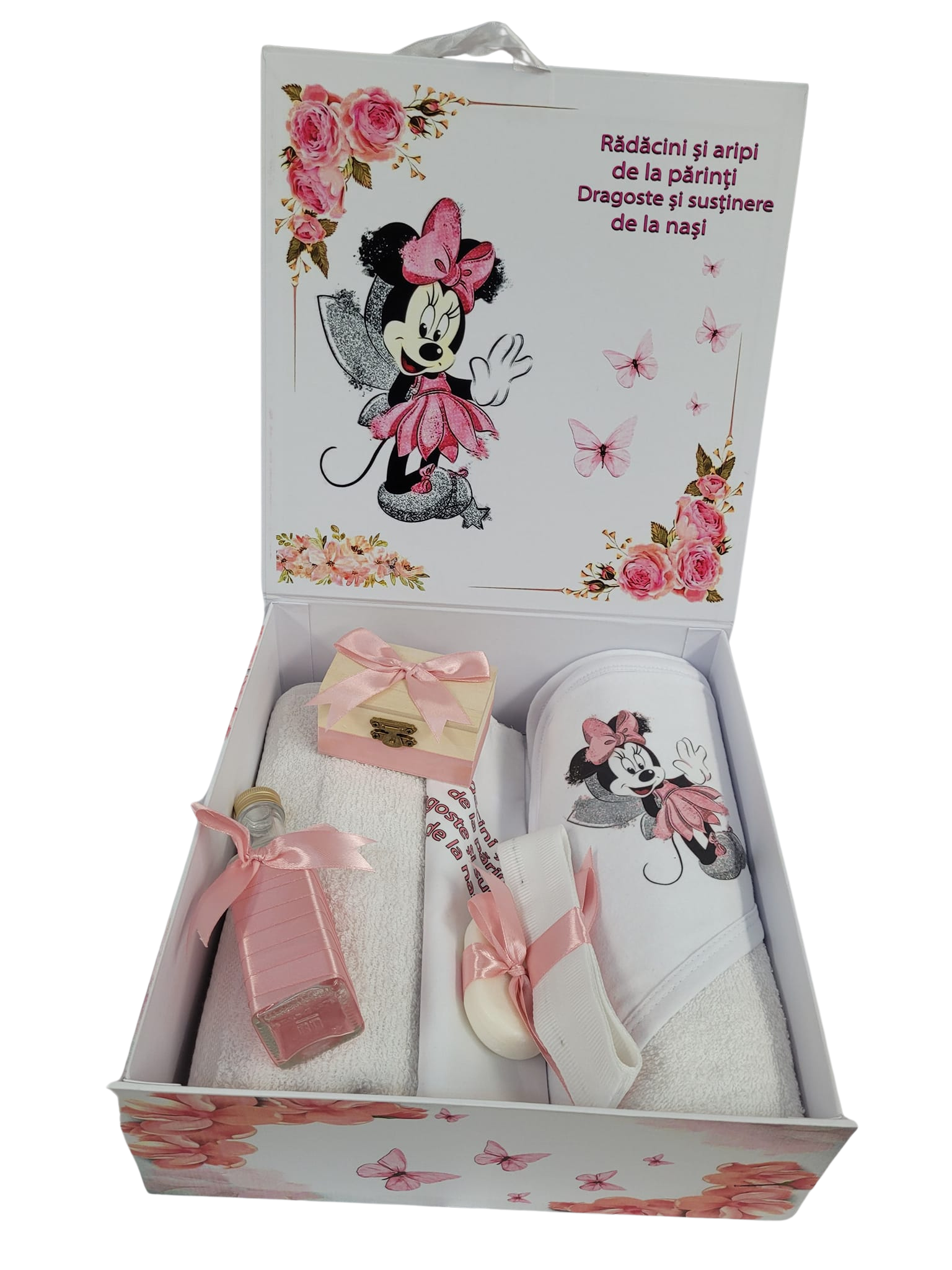 Pachet 8 piese: trusou pentru botez 7 piese si cutie pentru trusou - MINNIE FAIRY