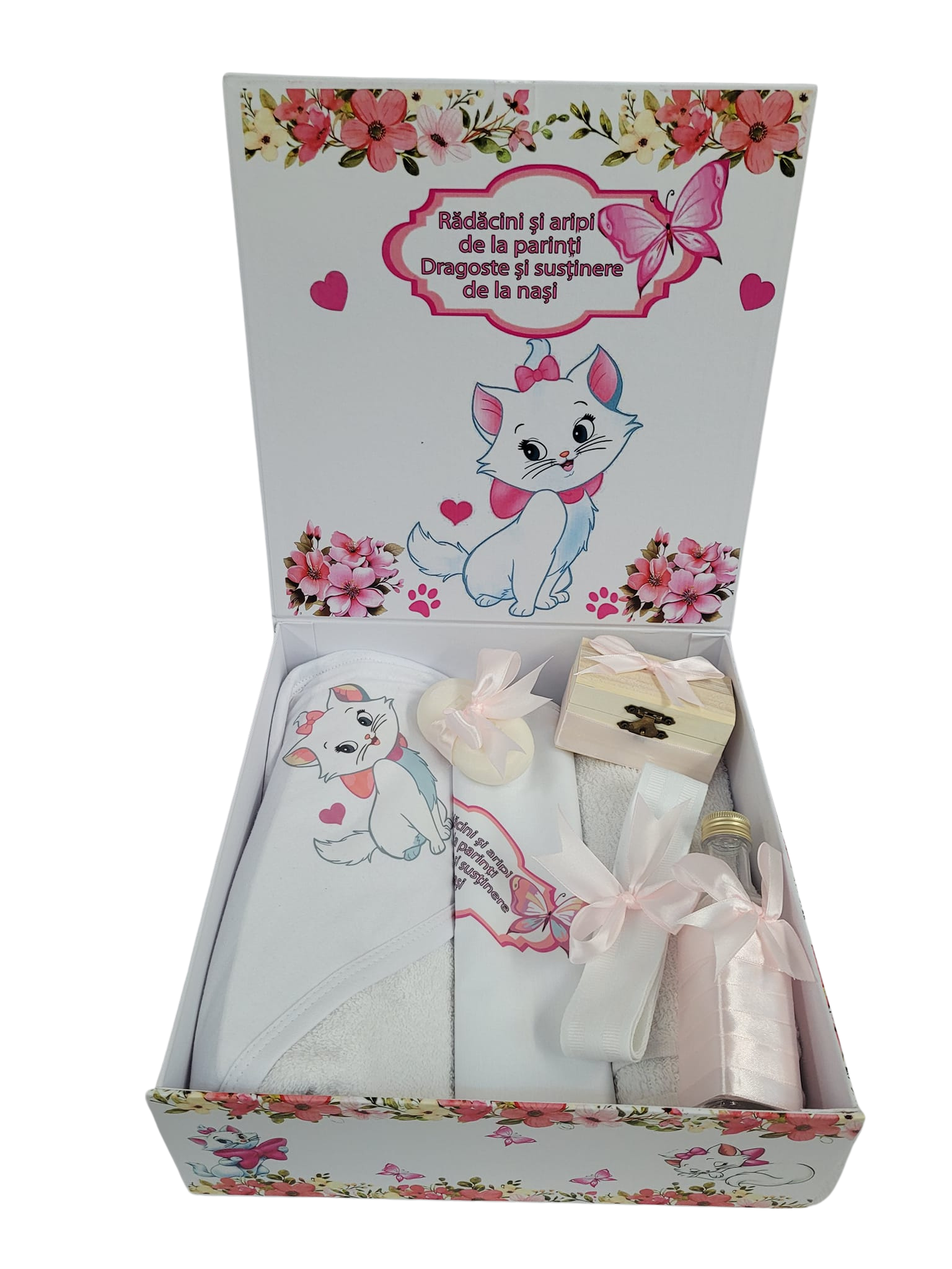 Pachet 8 piese: trusou pentru botez 7 piese si cutie pentru trusou - PISICUTA MARIE