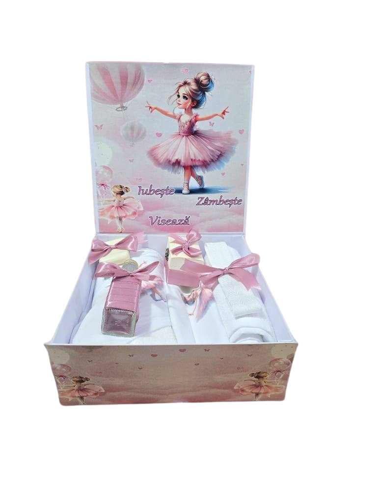 Pachet 8 piese: trusou pentru botez 7 piese si cutie pentru trusou - BALERINA