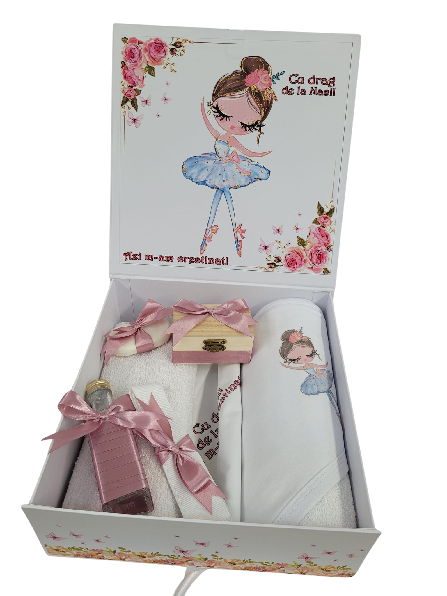 Pachet 8 piese: trusou pentru botez 7 piese si cutie pentru trusou - BALERINA