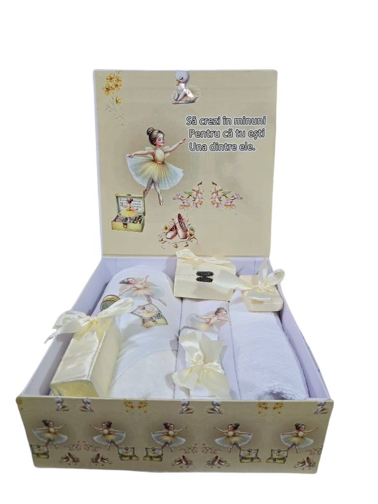 Pachet 8 piese: trusou pentru botez 7 piese si cutie pentru trusou - BALERINA