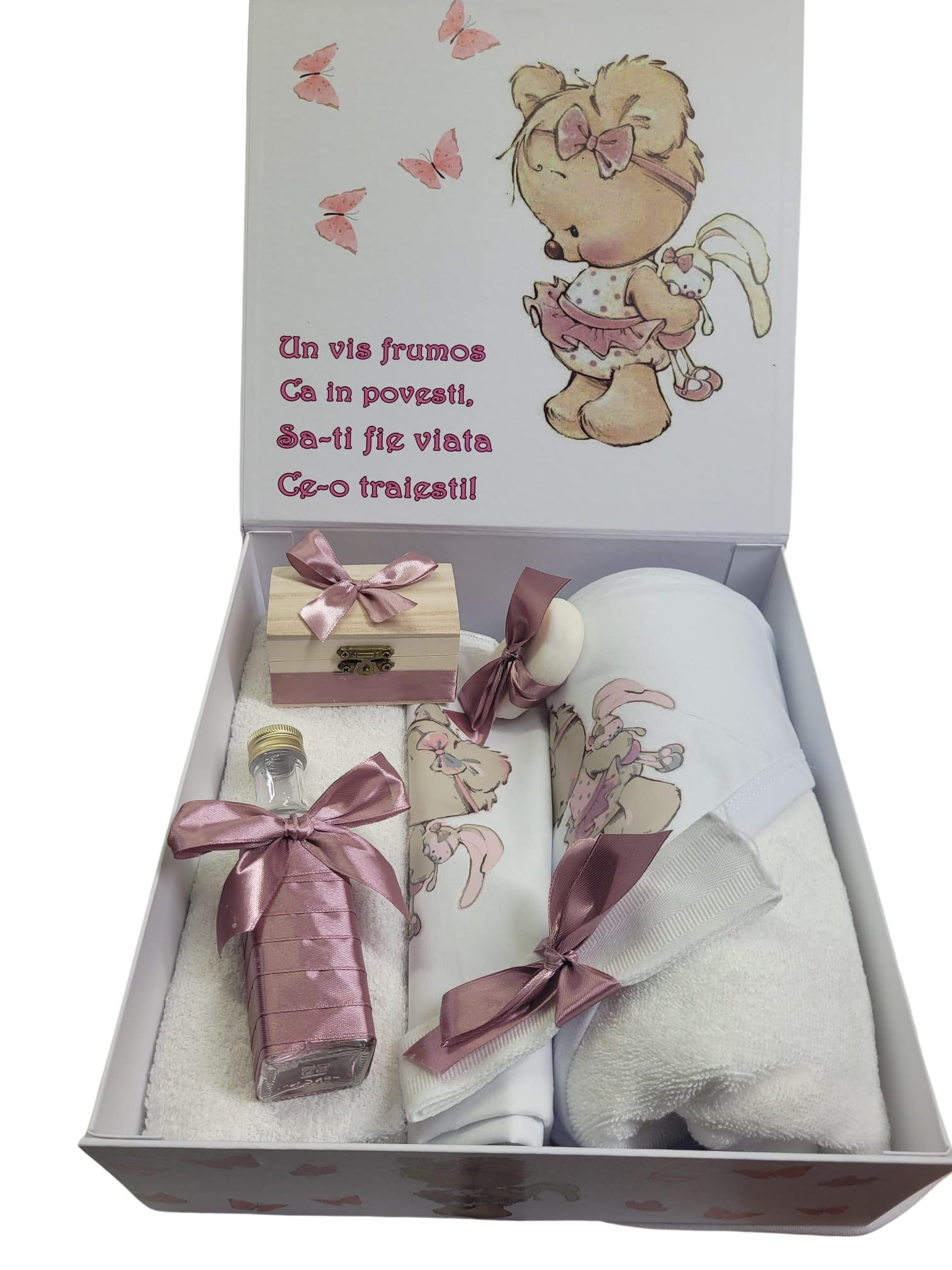 Pachet 8 piese: trusou pentru botez 7 piese si cutie pentru trusou - URSULET BALERINA