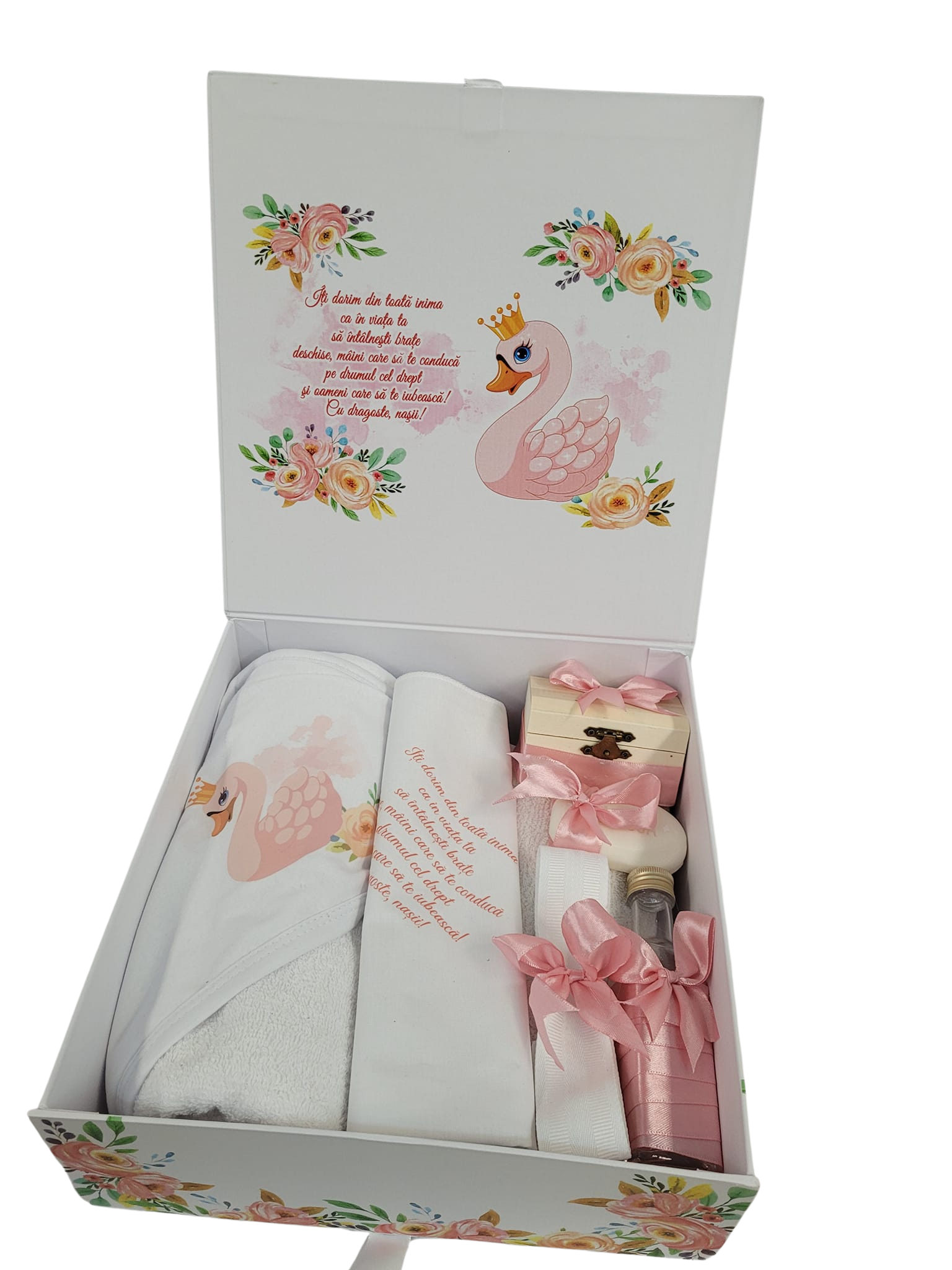 Pachet 8 piese: trusou pentru botez 7 piese si cutie pentru trusou - PRINTESA LEBADA